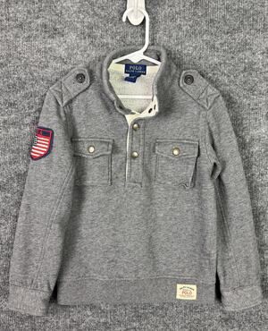 Polo Ralph Lauren Sweatshirt Boys 6 Gray Mock Neck Henley Fleece USA Flag Patch